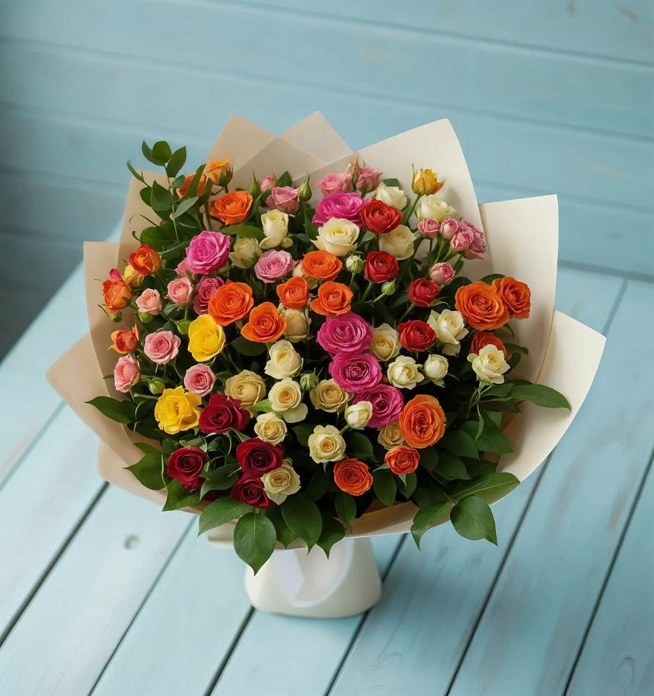 Букет Микс из разноцветных кустовых роз в Молодежном Республики Крым