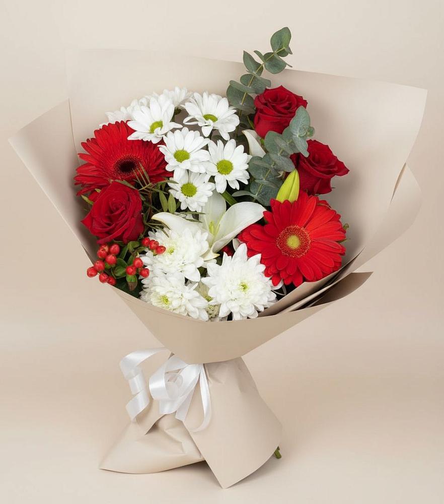 Букет цветов из: Розы, Хризантемы, Герберы и Лилии в Молодежном Республики Крым