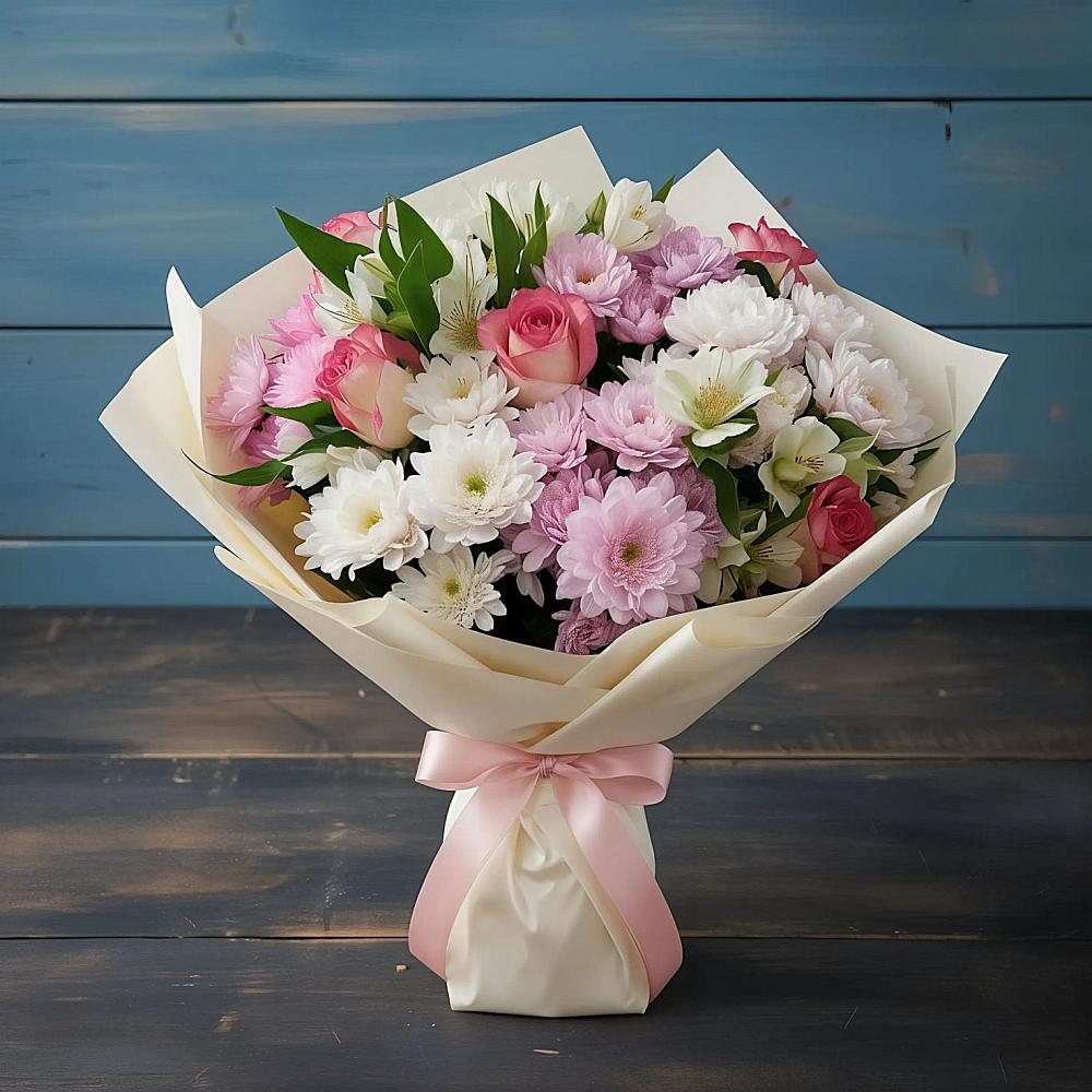 Букет цветов из: Хризантемы, Альстромерии и Розы в Молодежном Республики Крым